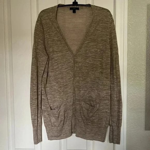 J. Crew Black Label Linen Blend Neutral Cardigan Button Down Pockets Sz Large - Picture 1 of 8